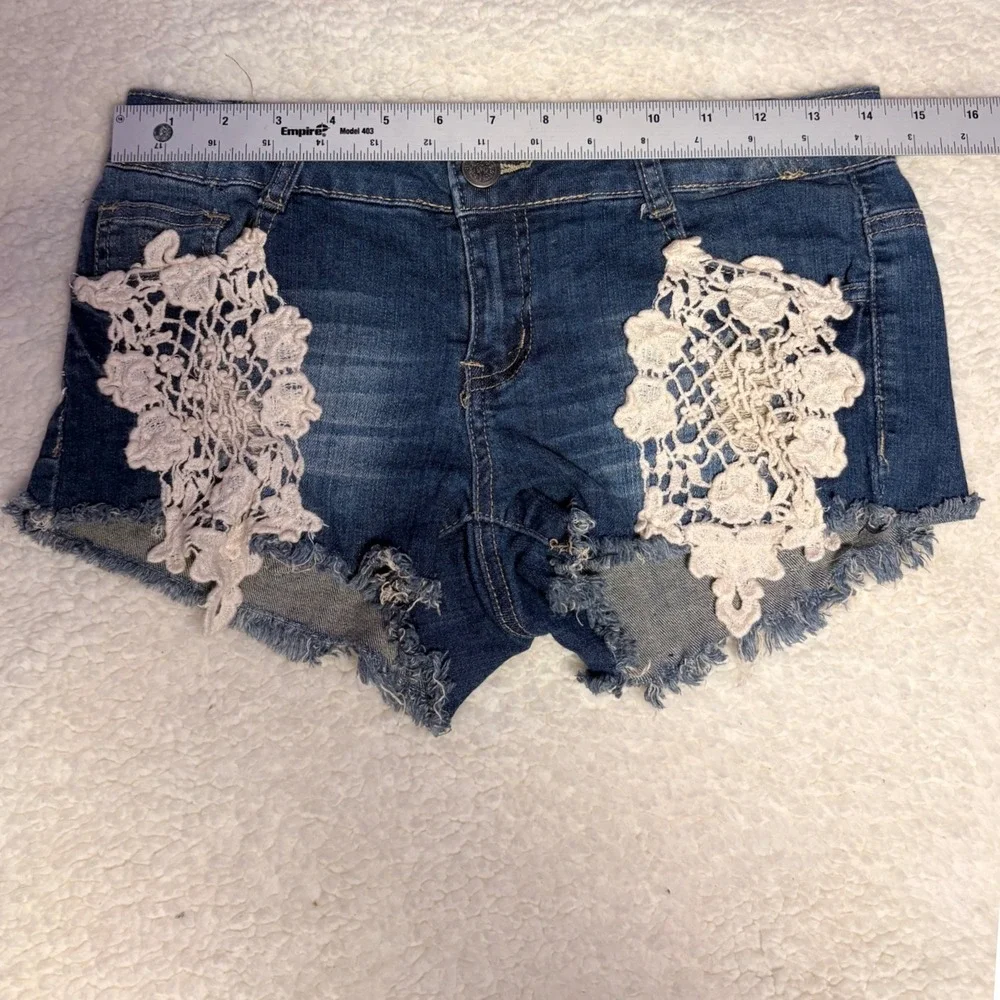 Y2K Hot Kiss Denim Shorts Blue Lace Crochet Distressed Cut Off Boho #16